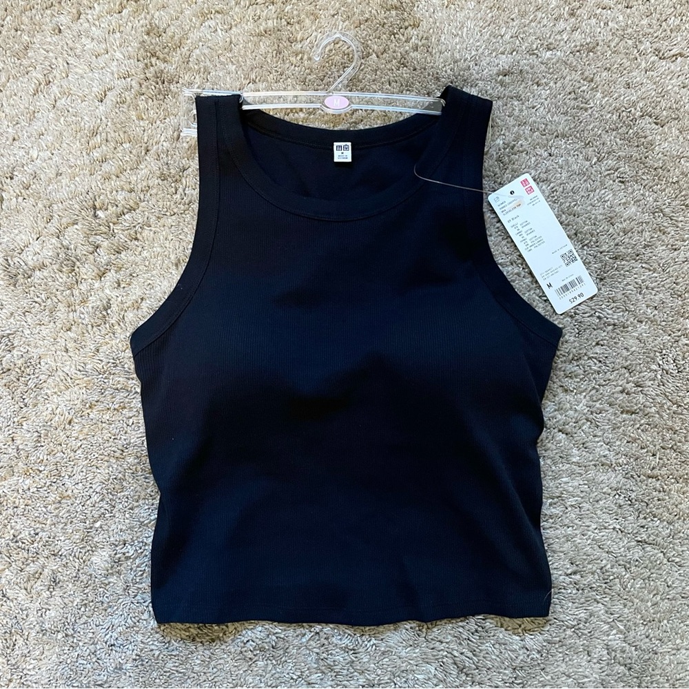 NWT UNIQLO Black Ribbed Cropped Sleeveless Bra Top | Size M